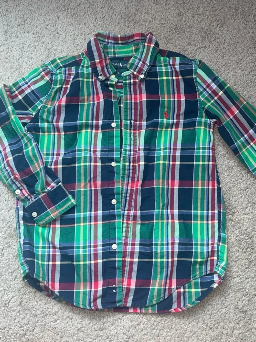 Ralph Lauren Boys Green, Navy & Red Plaid Button-Down Shirt